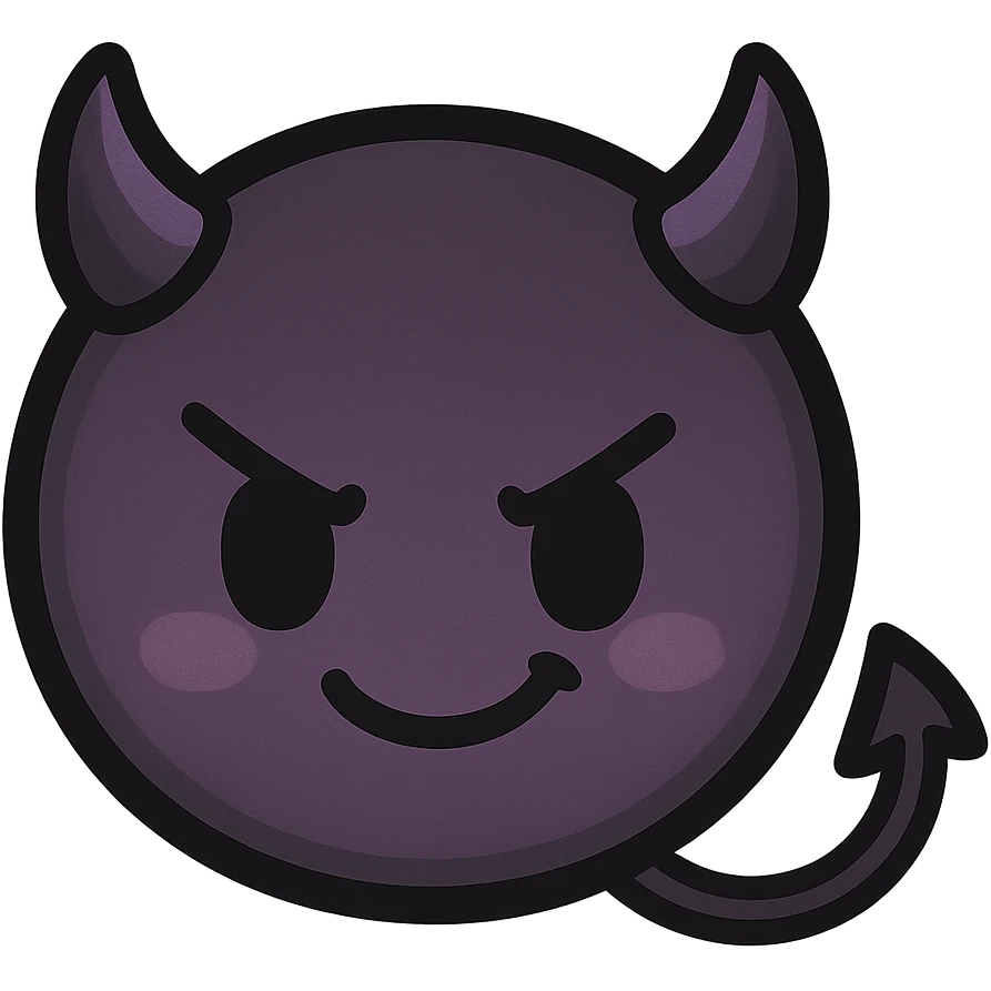 devil emoji in gothic palette with black and purple colors, tiny horns, cute but mischievous expression, chibi style emoji