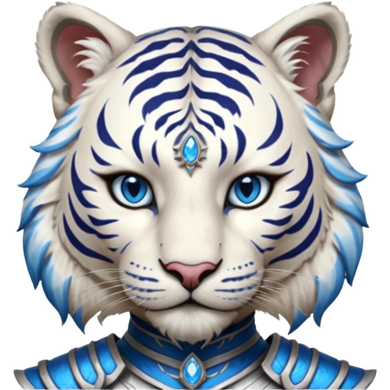 ESO Female white tiger khajiit leader of the umbral rose, blue eyes, blue 'third eye' gem emoji