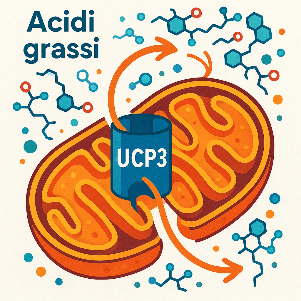 modern illustration in ChatGPT style showing the UCP3 protein transporting fatty acids inside a stylized mitochondrion, molecular details, arrows showing the path of fatty acids, vivid colors, educational atmosphere, Italian text, white background emoji
