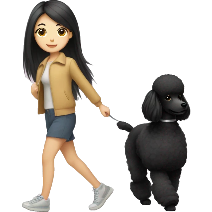 One Korean girl with black long straight hair with one black poodle is walking. emoji