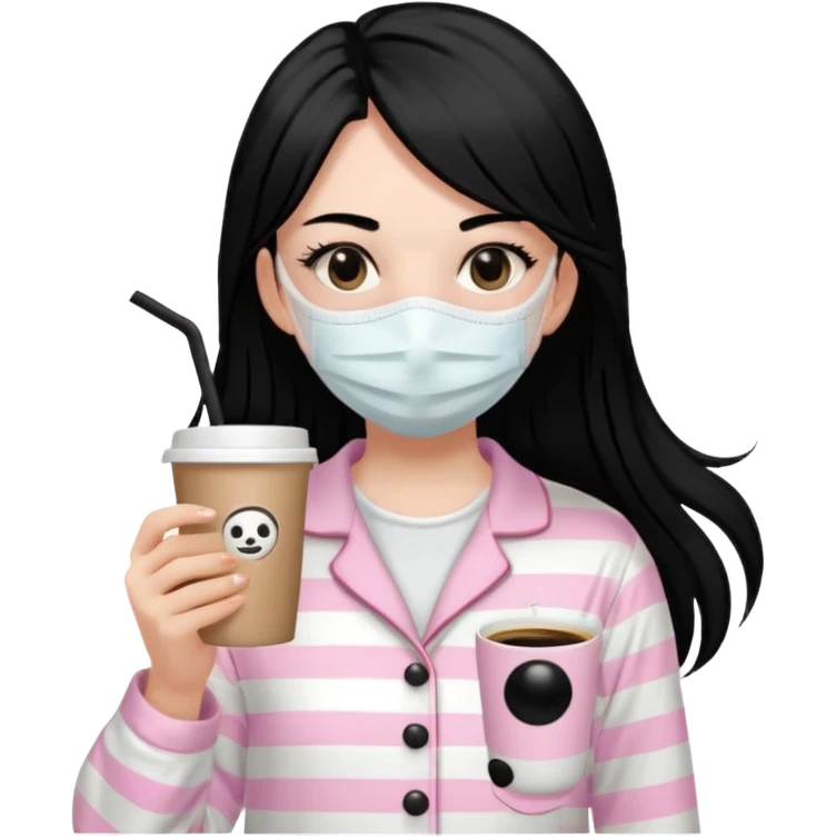 chica de pelo lacio color negro cabellera larga piyama blanca con rayas rosa claras peo no tan claras no oscuras el bordado es negro al igual que los botones )tiene una mascarilla para la carablanca y sostiene y cafe con bolitas nedras al dondo con unsorbete tranparente y es de test blanca  emoji