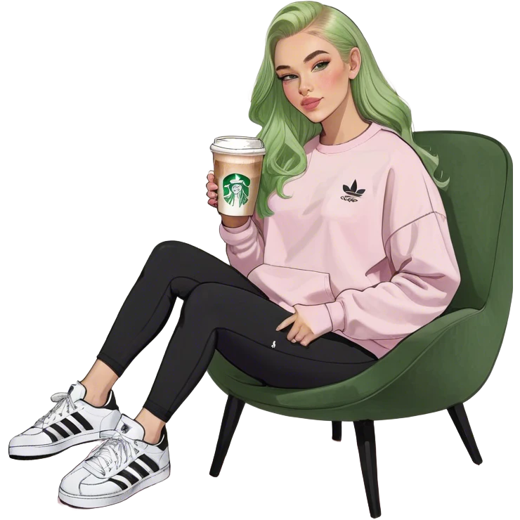 Girl long bright blonde hair middle part with rosy cheeks and plump mauve lips and green colored eyes wearing a white colored sweatshirt and black leggings, adidas OG Samba sneakers sitting in a large pink chair holding a latte emoji