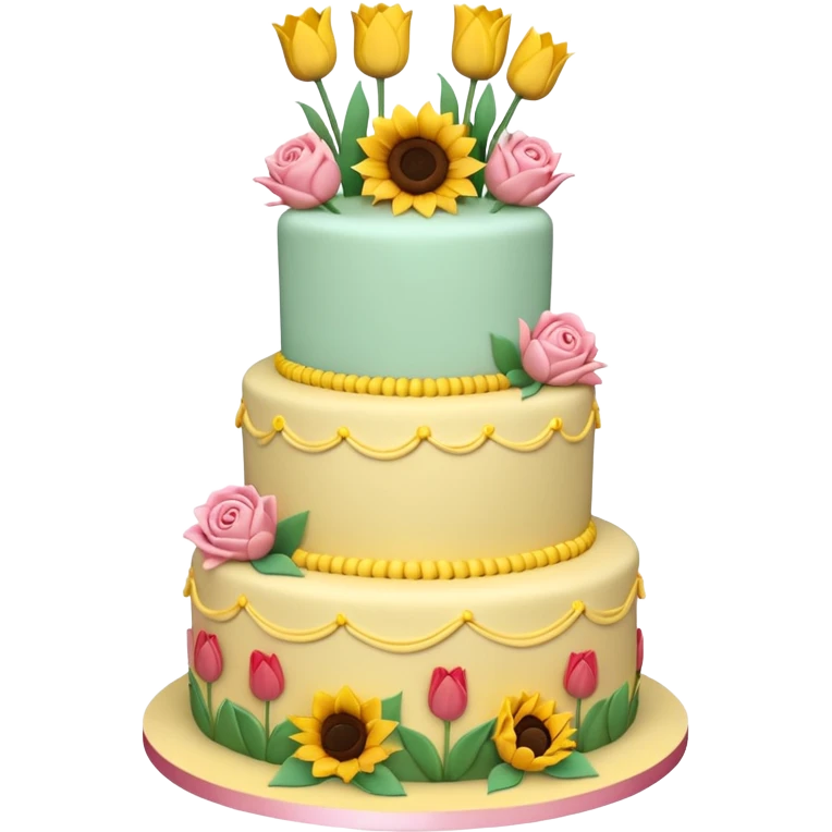 A large three teir cake with top layer decorated with roses, middle with Sunflowers and bottom layerwith Tulips and Happy Birthday Dear written on top. emoji