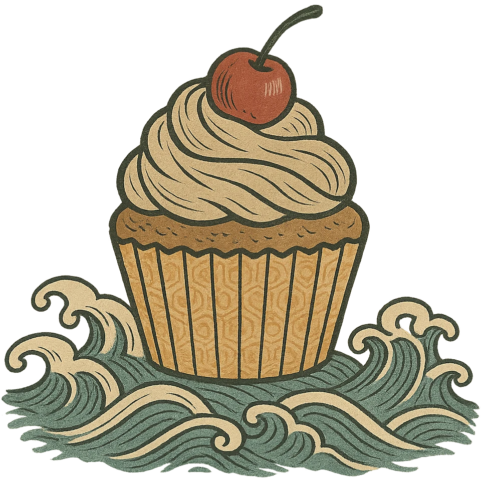 cupcake, traditional Japanese print, stylized waves, ukiyo-e style emoji
