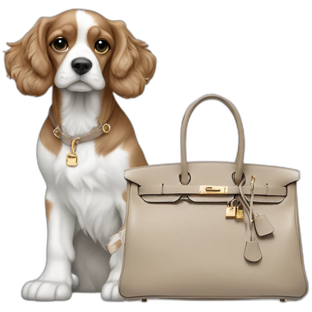 American cocker beige and white next to a grey hermes birkin bag emoji