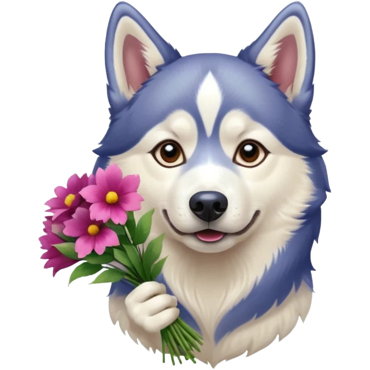 siberian husky dog holding flowers emoji