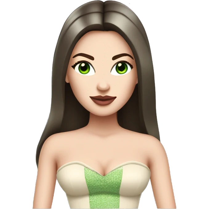 Brunette bombshell supermodel girl with long straight hair, pale skin, pink lips and green eyes. Wearing a cream bustier  emoji
