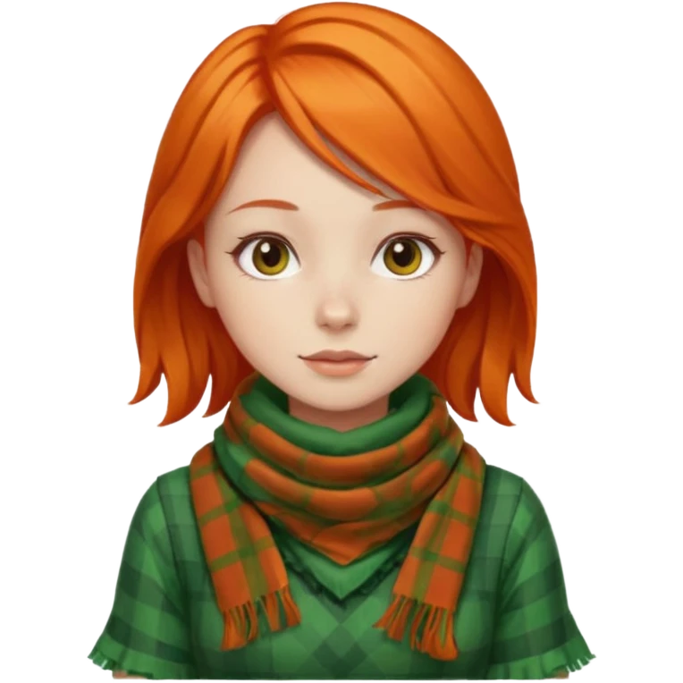 girl orange hair, wear red checkered scarf, green dress emoji
