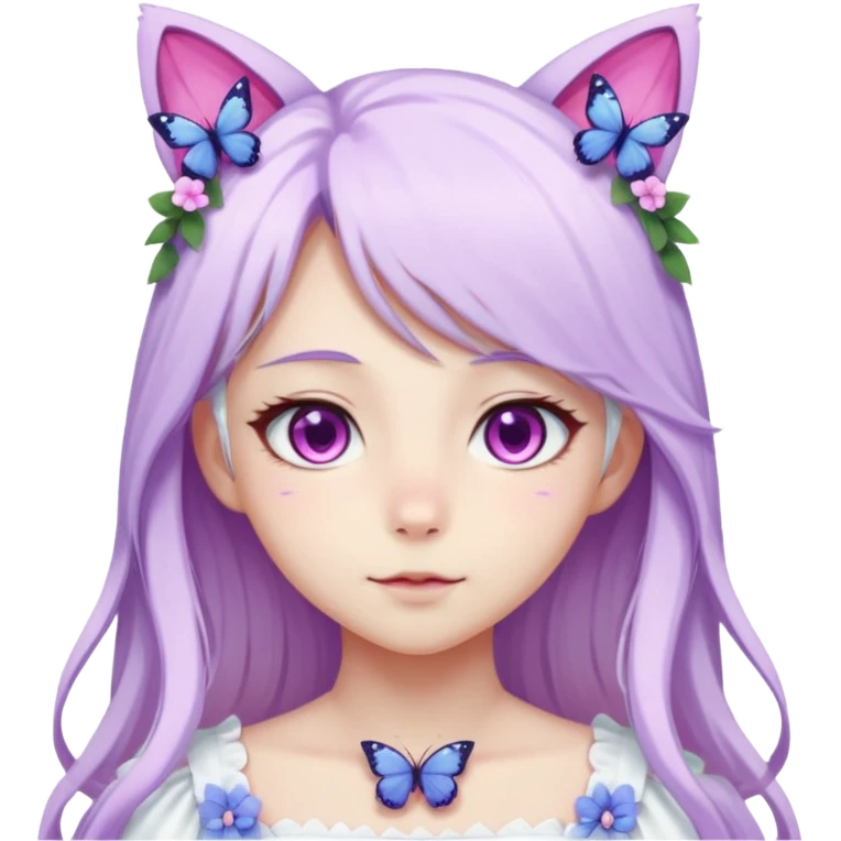 female anime character with pink eyes long white hair periwinkle highlights and cat ears on her head. She is wearing a white dress with purple flowers and butterfly. emoji