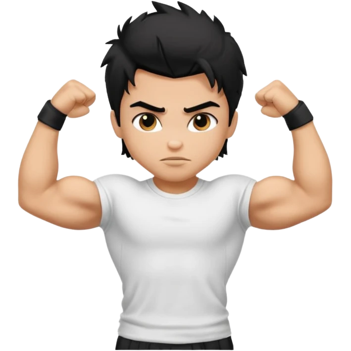 generate a pretty tan bratz boy with black messy hair flexing his biceps. wearing white tshirt emoji