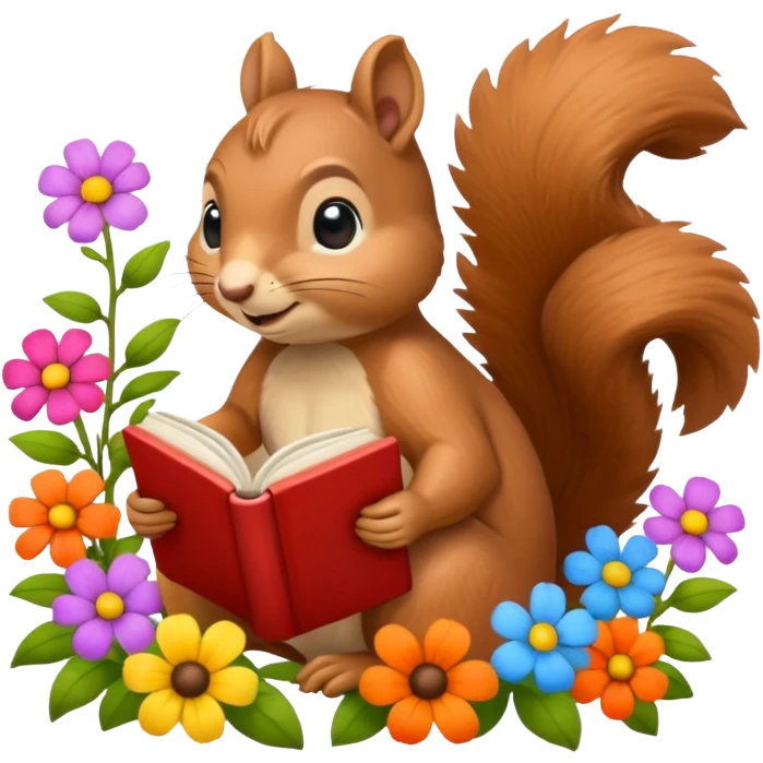 Squirrel reading book + flowers emoji