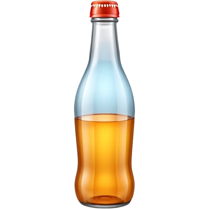 A 3D Apple-style empty soda bottle emoji, classic transparent glass with a narrow neck, no liquid inside, shiny reflective surface, light highlights on the glass, simple round body with a small cap, clean minimal background. emoji