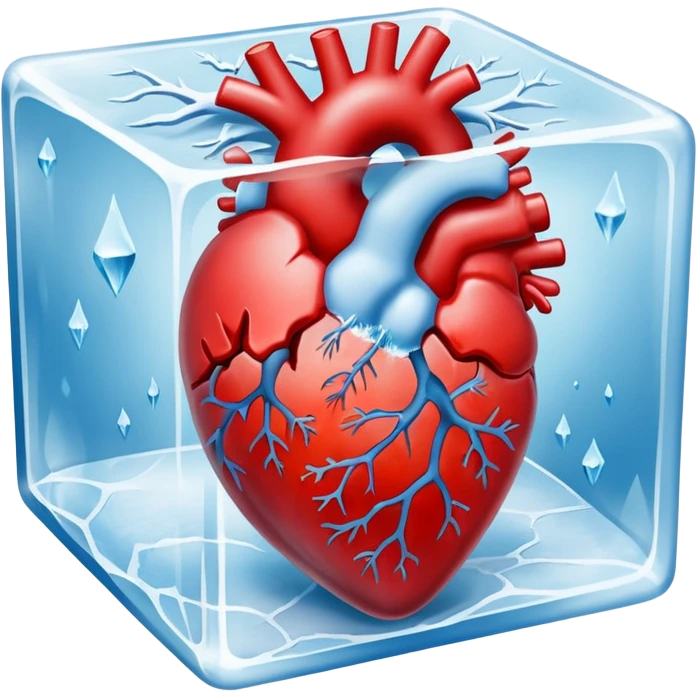 A highly detailed, realistic human heart frozen solid inside a transparent cube of ice, with visible cracks, frost, and cold mist surrounding it, dramatic lighting, dark background emoji