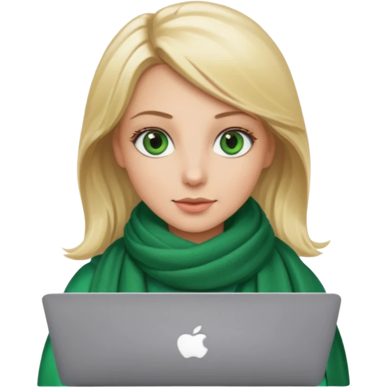 blond women skine , with green eyes , with scarf . with macbook emoji