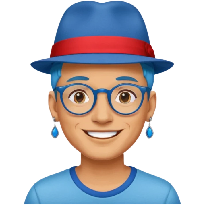 unique looking tourist with big unique red tourist fedora and earrings, man with lots of tattoes and spectacles, blue hair showing emoji