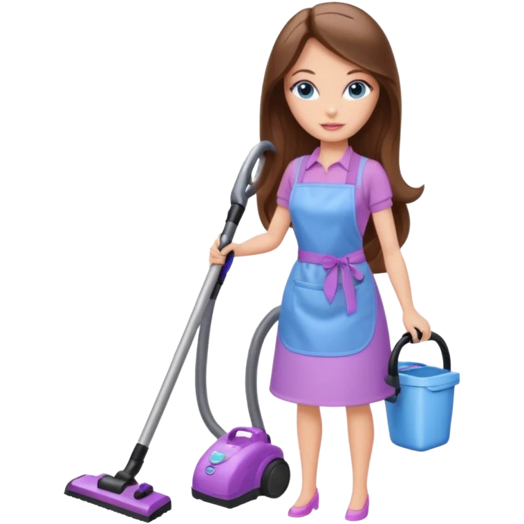 beautiful barbie girl with long brown hair, blue eyes and wearing light purple clothes, cleaning and vacuuming emoji
