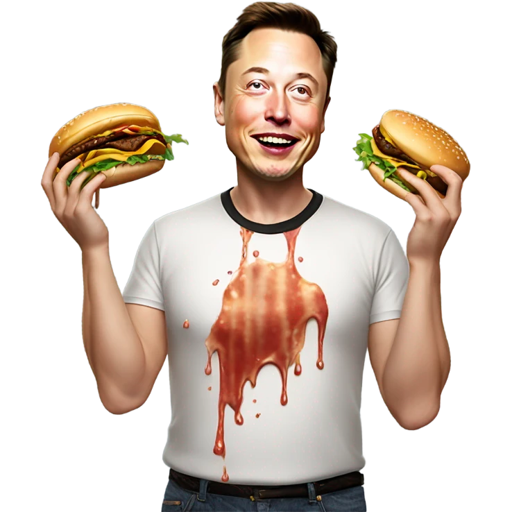 Photo realistic, Elon Musk eating super sloppy wet, hamburger meat super messy at the beach by the pool emoji