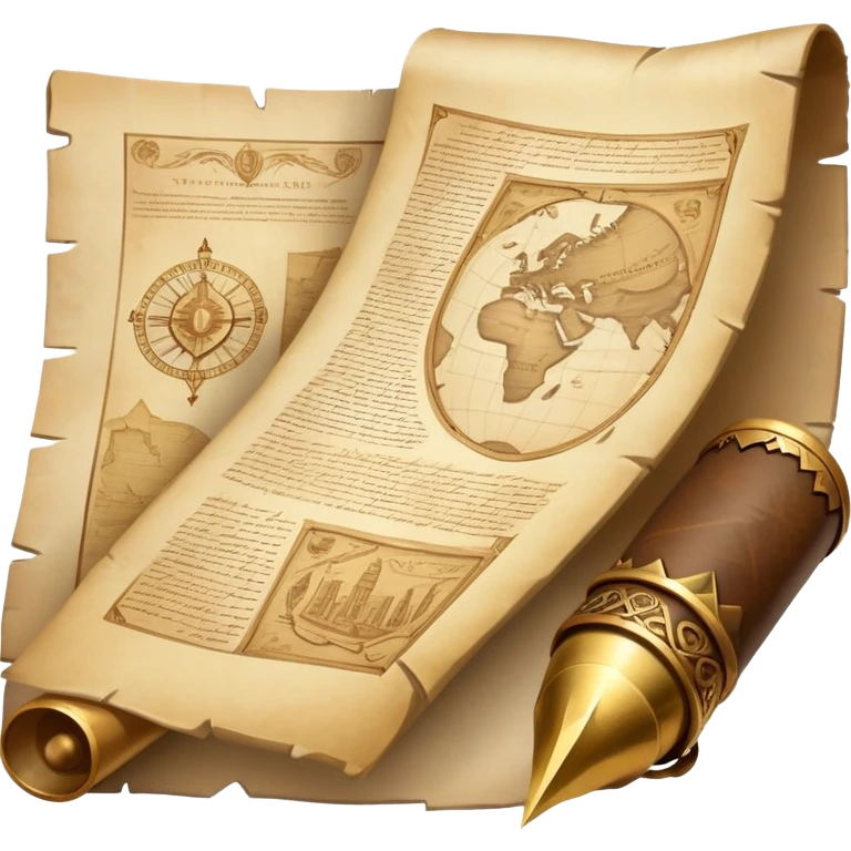 An icon featuring an ancient scroll, a quill, and a historical artifact like a shield or coin. The design includes a backdrop of old maps and timelines, symbolizing the study of past events and civilizations. Transparent background highlights the exploration of history. emoji