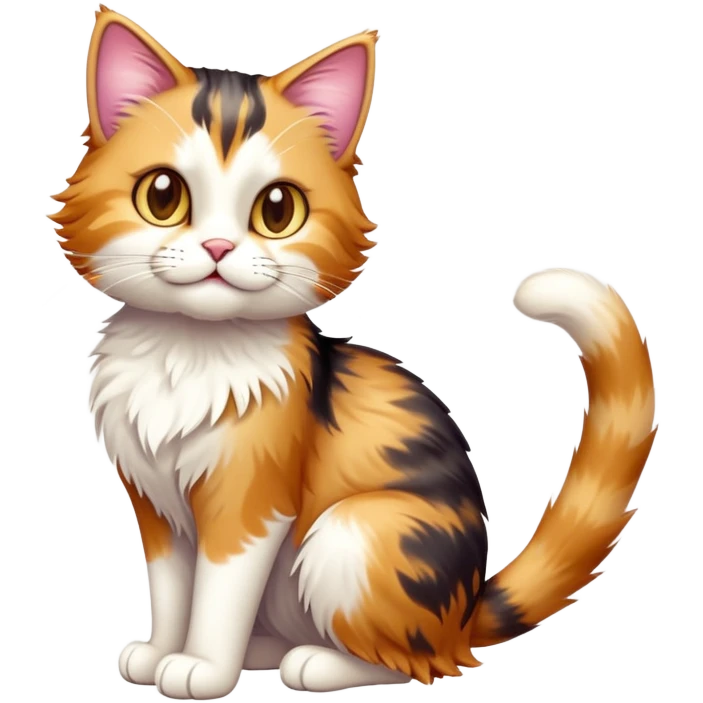 cinematic-[calico tabby cat]-realistic-full-body-sitting-emoji,-tail-curled-playfully-around-its-paws,-head-tilted-dramatically,-scruffy-[calico]-fur,-simplified-yet-realistic-adorable-features,-highly-detailed,-glowing-with-an-almost-sarcastic-glow emoji