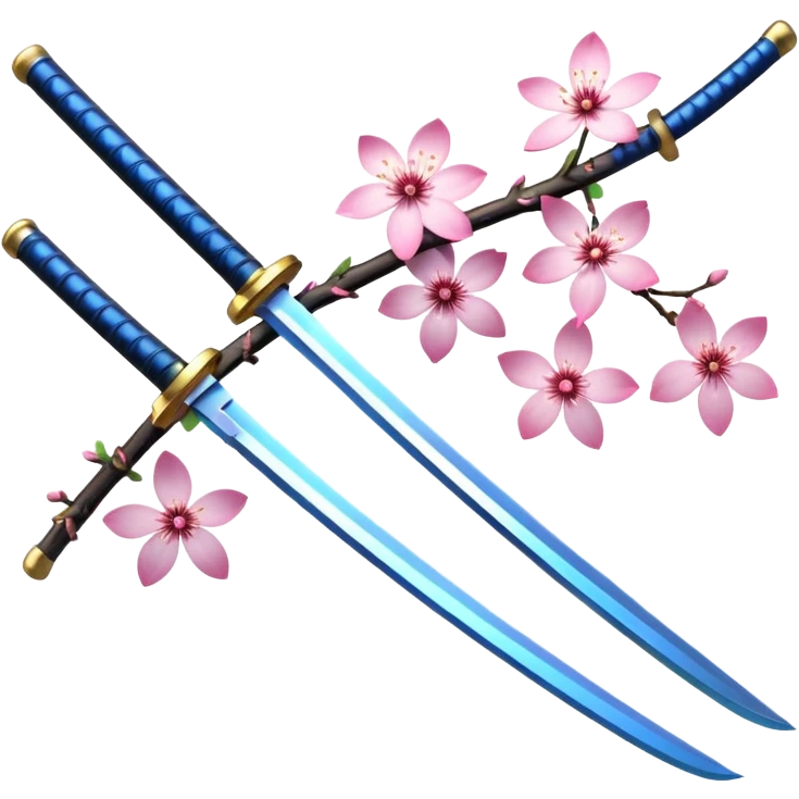 Blue katana with multiple sakura flowers behind it And Sakura leaves and branch added blue glowing katana with accent words emoji