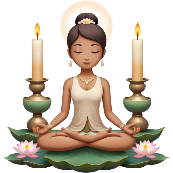 A photorealistic icon featuring a peaceful meditation pose, lotus flowers, candles, and calming natural elements like stones and incense. Soft, tranquil colors with detailed textures and lighting that convey a sense of calm and mindfulness. Transparent background. emoji