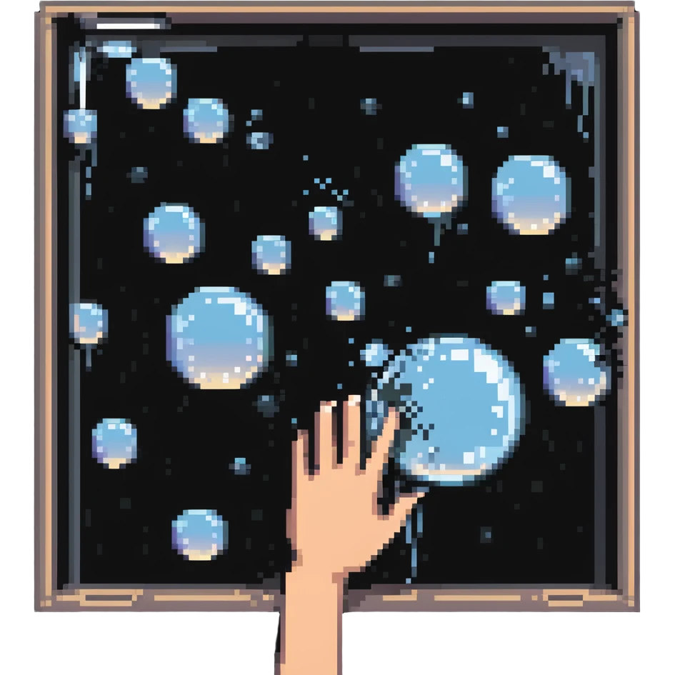 window being cleaned with soap bubbles and a hand wiping the glass emoji