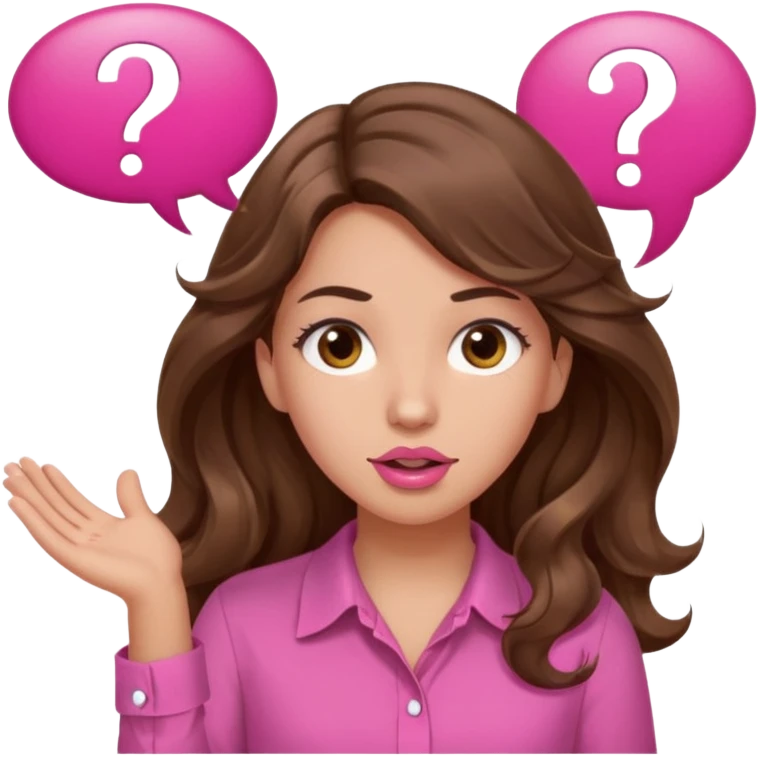 girl with long wavy brown hair, brown eyes, light to medium complexion, in a pink shirt, pink lips, long lashes, shugging, question mark one speech bubble emoji