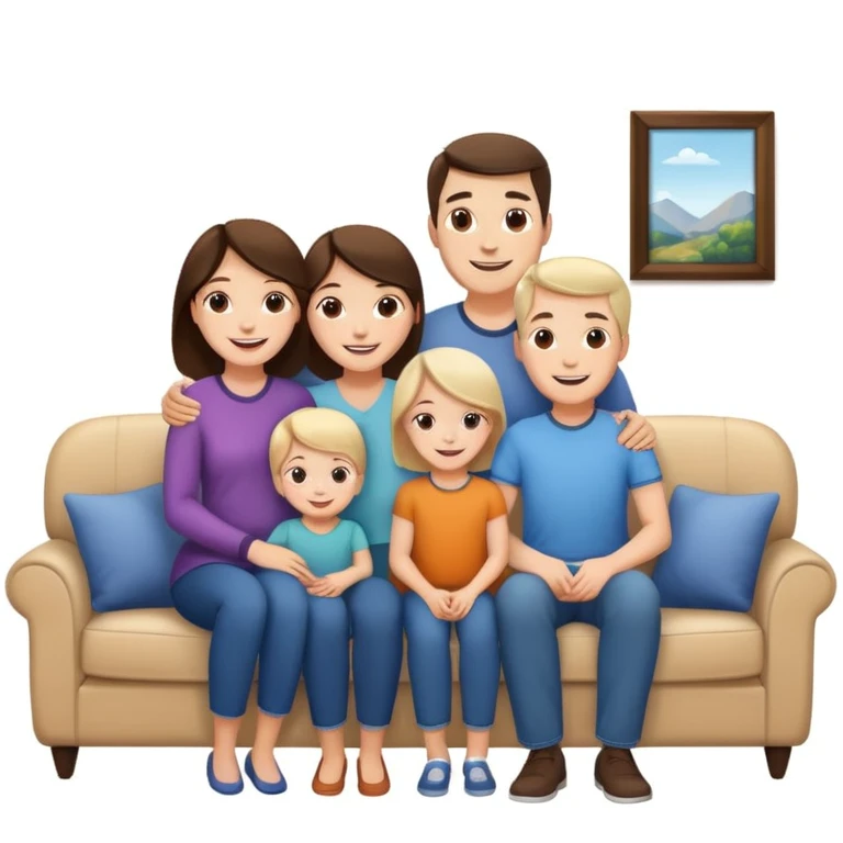family posing for photo, living room background, closeup  emoji