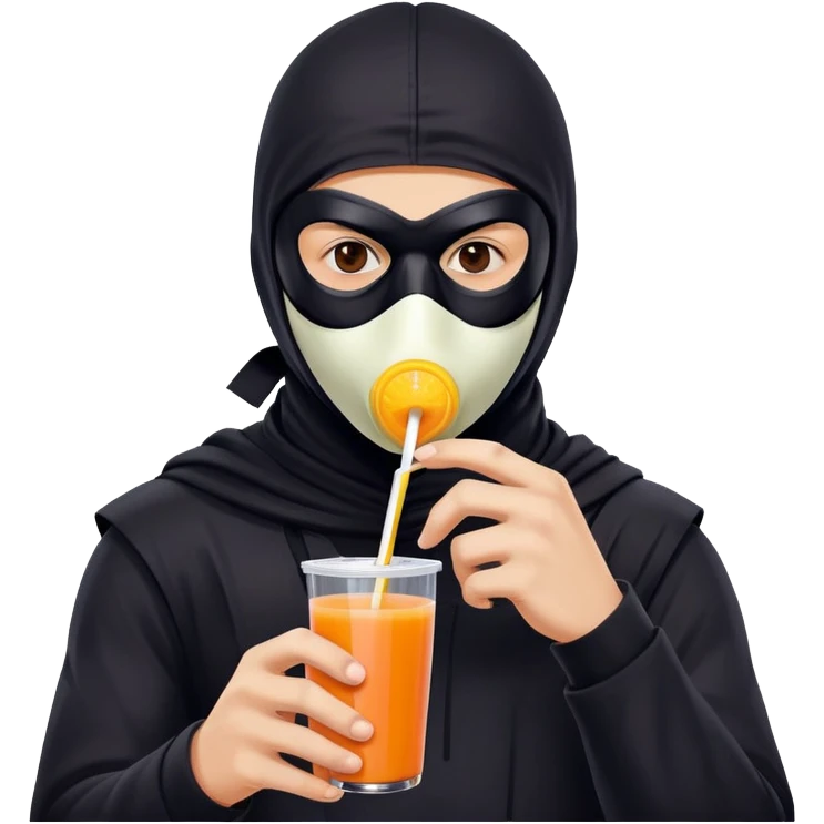 Masked man in dark clothing holding and drinking from a juice box with a straw, comical contrast between serious masked appearance and innocent juice emoji