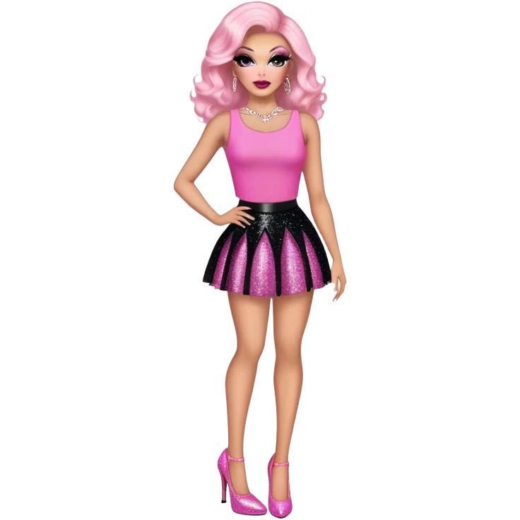 Drag queen with pink top and black skirt with a lot of glitters and she has pink six-inch heels emoji