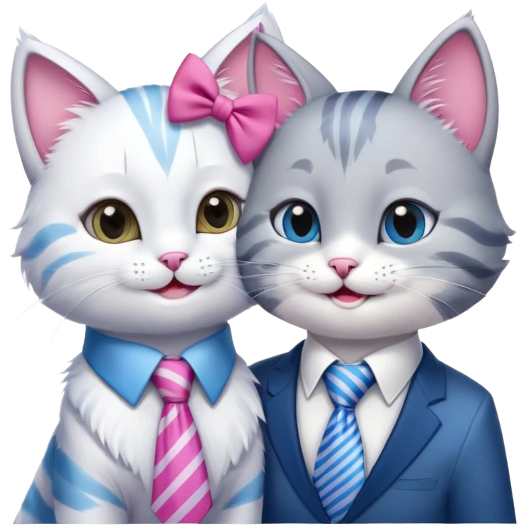 happy girl cat with bow and eyelashes wearing a bright necktie next to happy boy cat wearing a striped necktie, both cats smiling together emoji