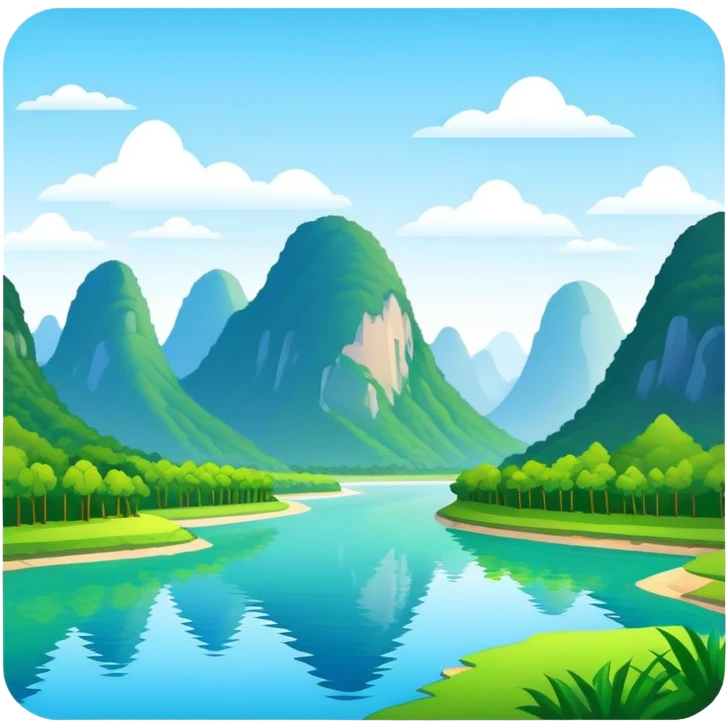 Li River karst mountains Guilin, simplified emoji style with bold outlines and bright colors, cartoon style mountains with river emoji