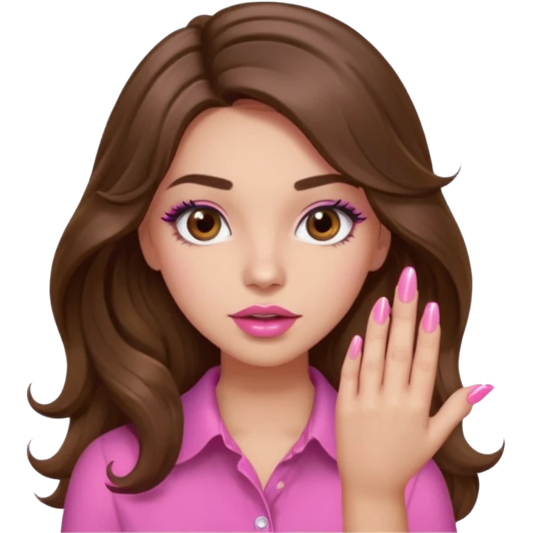 girl with long wavy brown hair, brown eyes, light to medium complexion, in a pink shirt, pink lips, long lashes, puckered lips, showing off a pink manicure emoji