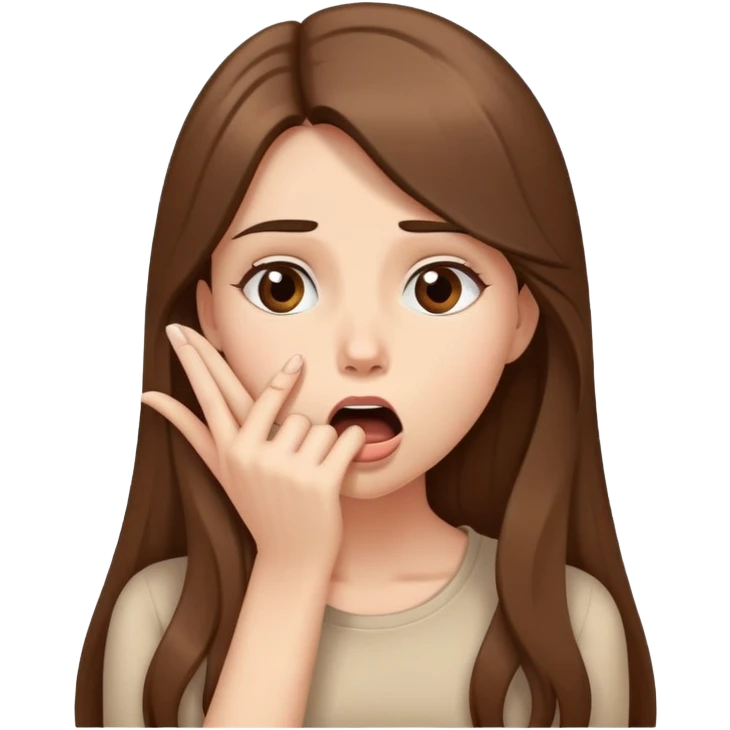 Girl with long brown hair making a dramatic gasp, hand on mouth, elegant beige cartoon style emoji