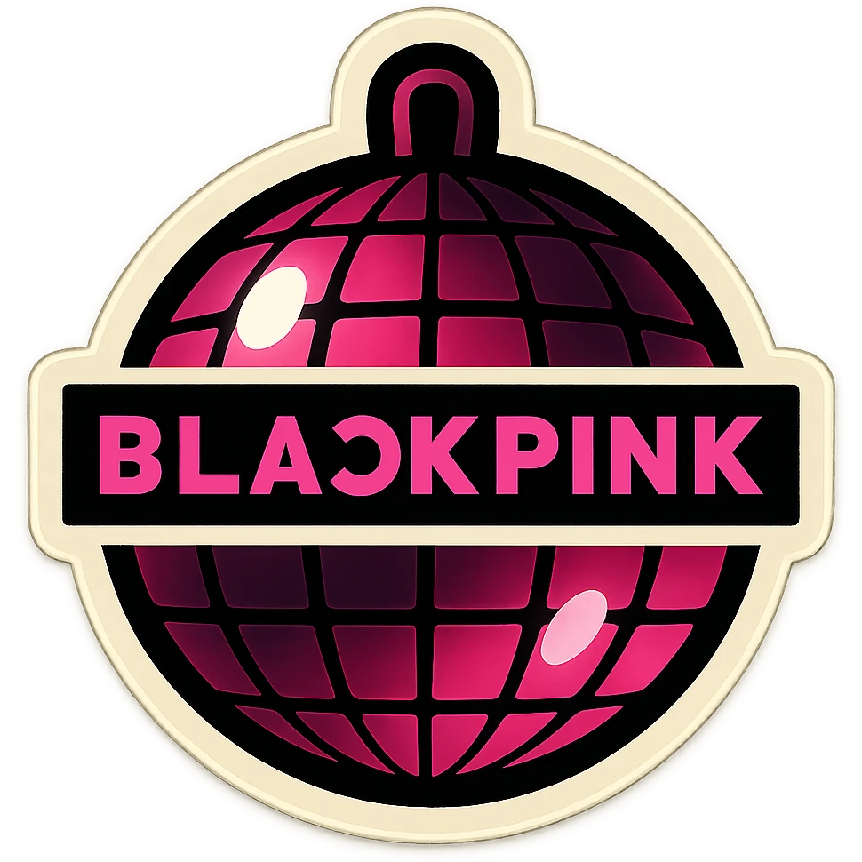 Add a BLACKPINK logo to this retro sticker style disco ball, keeping the playful, bold, and vibrant look. emoji