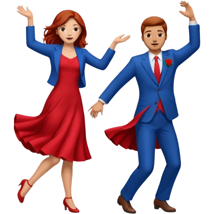 Two people dancing one wearing red and one wearing blue. Brown hair and red hair emoji
