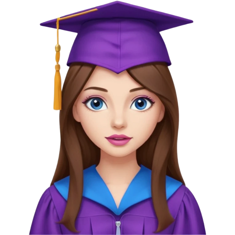 girl with beautiful very long brown hair, blue eyes, long lashes makeup, sexy pink lips, wearing a purple graduation cap and gown emoji