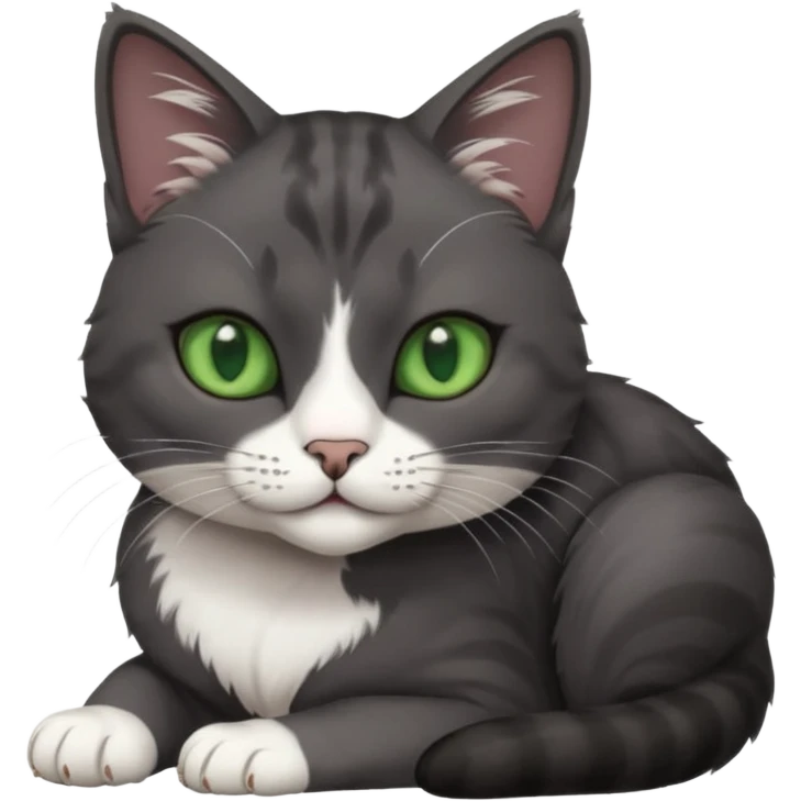 beautiful female solid dark grey cat with green eyes, white toes/paws and white patch on her chest rolling over emoji