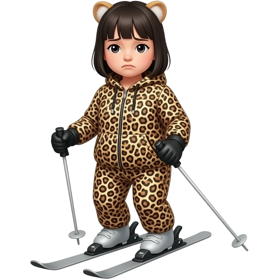 Depressed Fat Asian girl on ski with leopard ski suit emoji