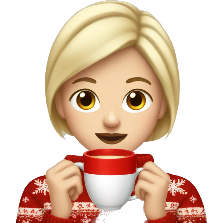 Short haired blonde girl drinking coffee wearing Christmas sweater emoji