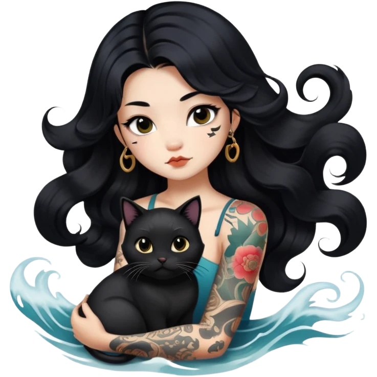 a Chinese girl with long black  Big Wave hair and tattoos and a black round faced cat  emoji