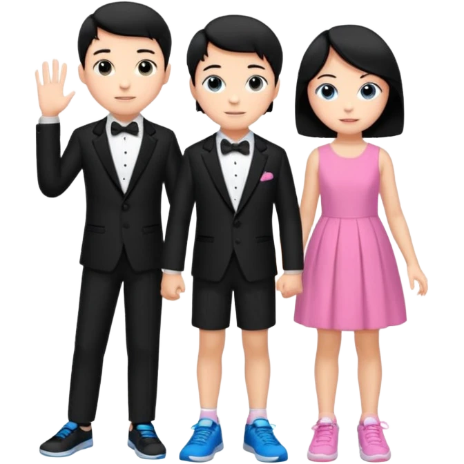 generate a pretty bratz fair skinned boy with short black hair wearing a black tux with blue sneakers with a girl in a pink dress emoji