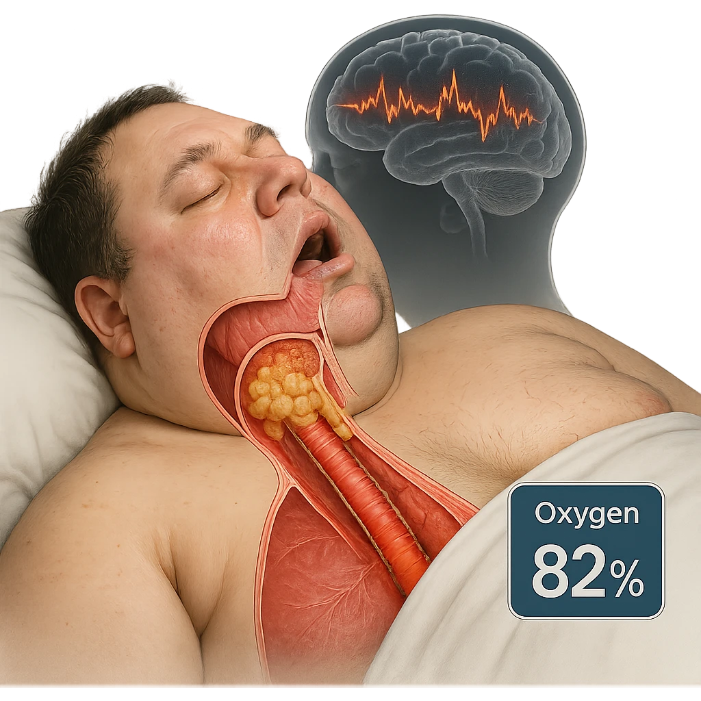 hyper-realistic medical CGI of overweight man sleeping, cross-section showing neck fat compressing airway, trachea walls red, oxygen at 82%, brain scan overlay with micro-awakenings, 4K, clinical emoji