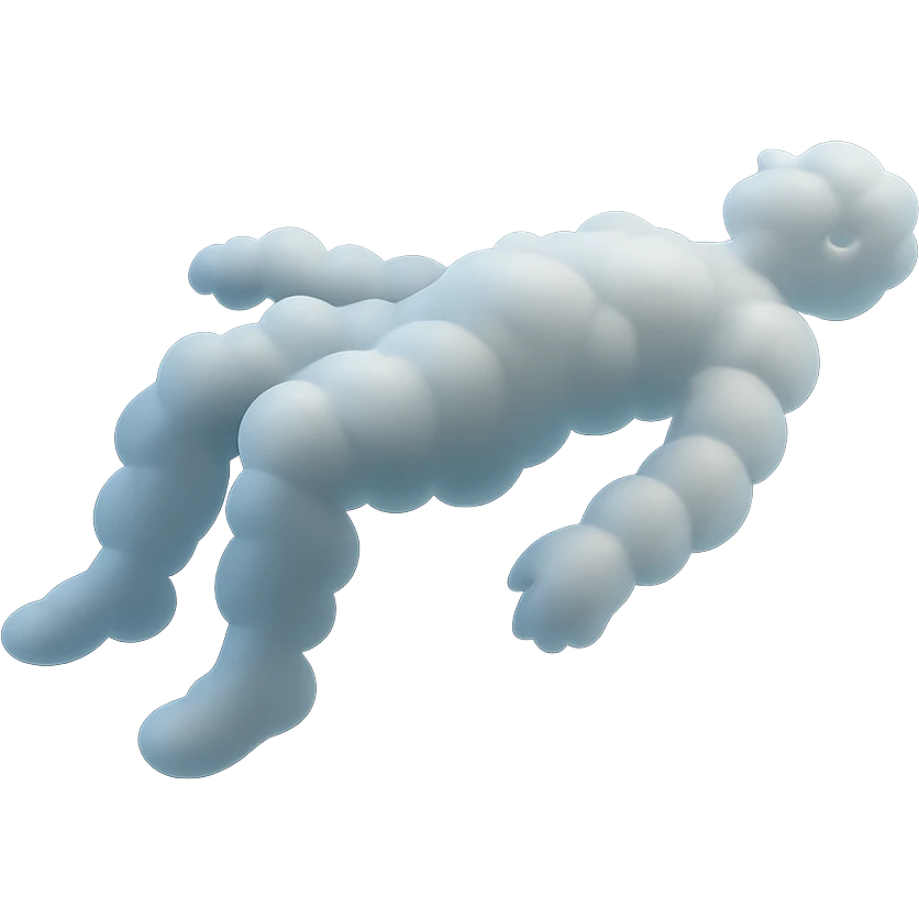 side view of unconscious person flying torso up, legs and arms down, made of small very bright white fluffy convex clouds, matte glass style emoji