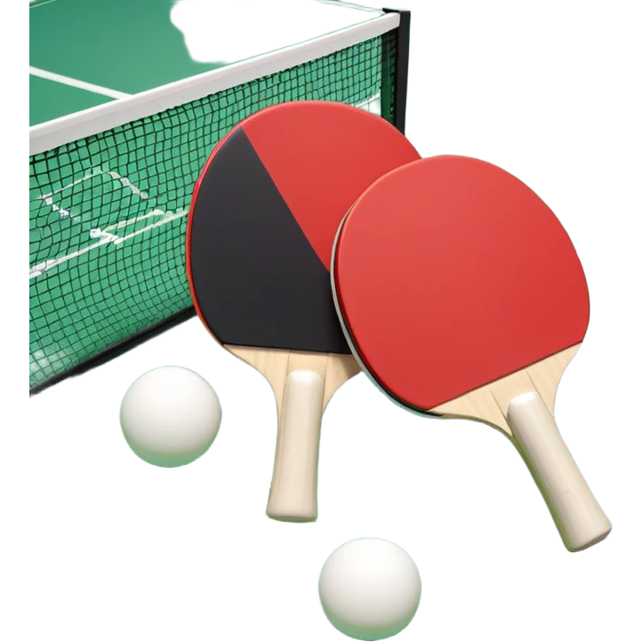 Two table tennis paddles and a ball placed on a ping pong table, with the net in the background. The scene conveys the simplicity and focus of the sport, with vibrant colors highlighting the rackets and ball on the smooth surface of the table. emoji
