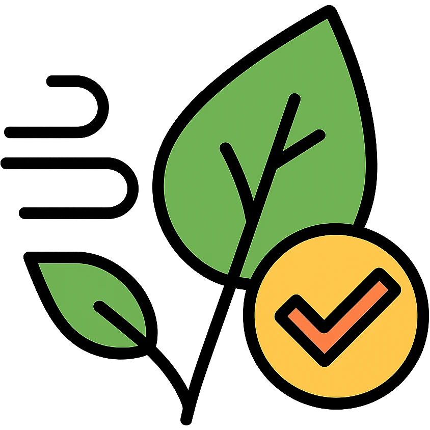 icon for emission cuts and environmental compliance featuring a leaf and checkmark, modern style emoji