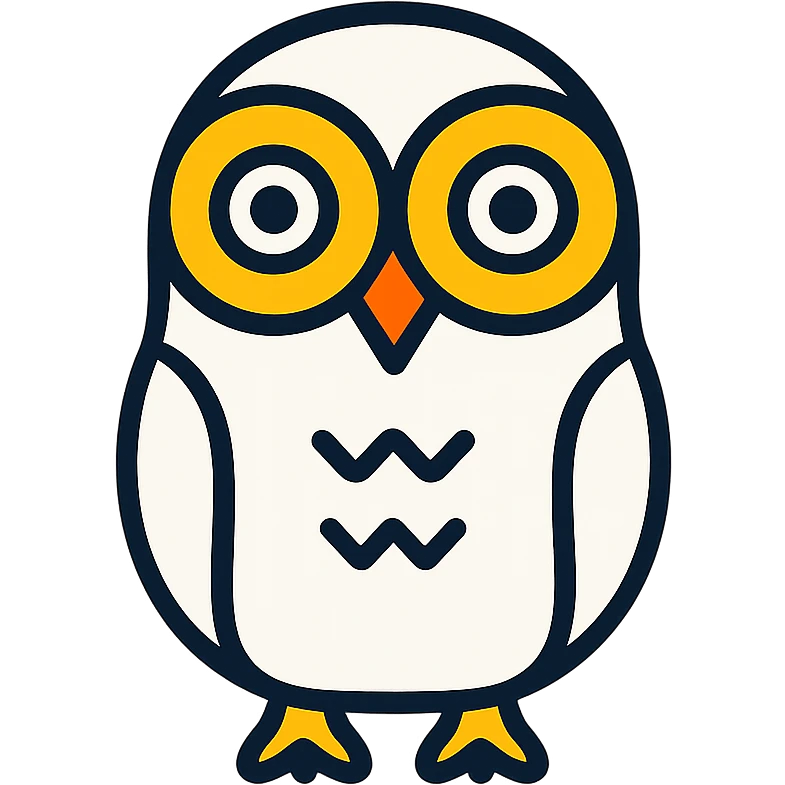 white owl, yellow ring around eyes, stylized minimal icon emoji