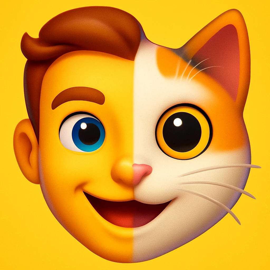 Create a Genmoji style portrait of a split human-cat face, blending both sides smoothly with a playful and expressive look. The style should reflect the Genmoji aesthetic with vibrant colors and smooth transitions between the human and cat features. emoji