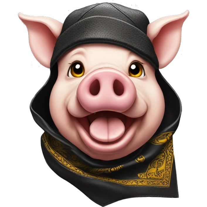Angry Pig head with black leather Muir cap yellow paisley bandana around neck emoji