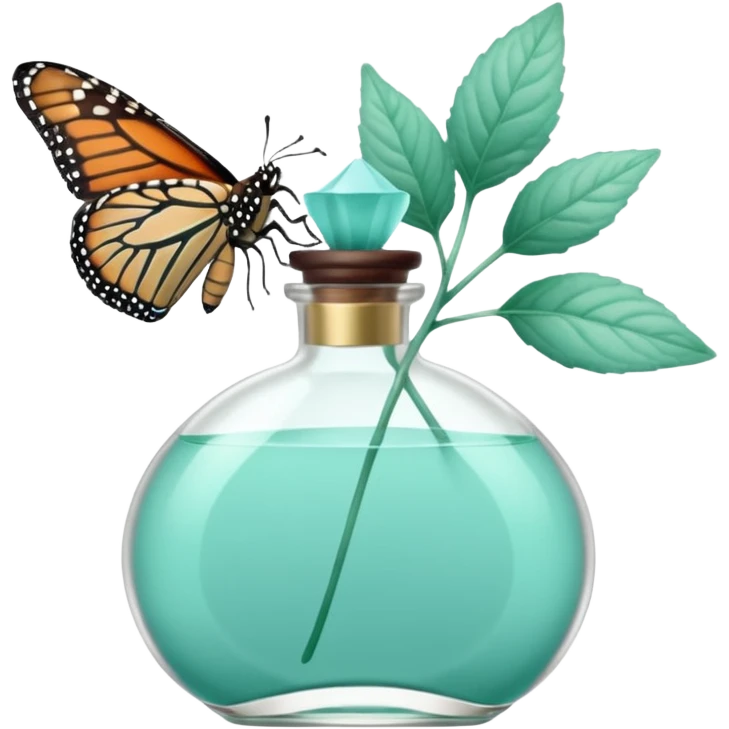 Minty perfume with teal-colored mint plants, and butterfly, pastel aesthetic, pastelcore emoji